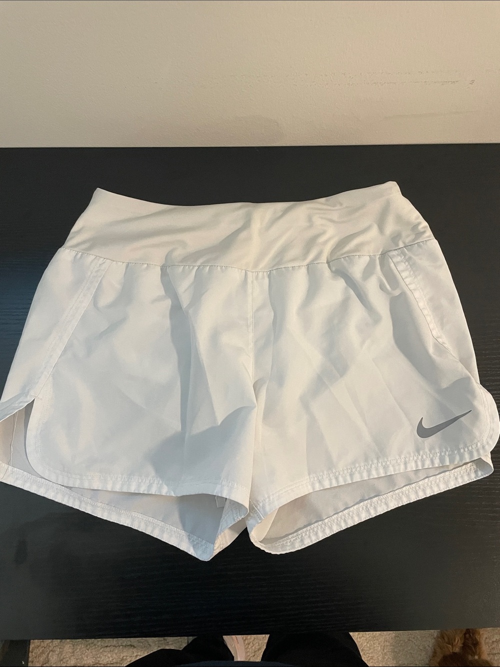 Nike Women's White Athletic Shorts with Grey Swoosh